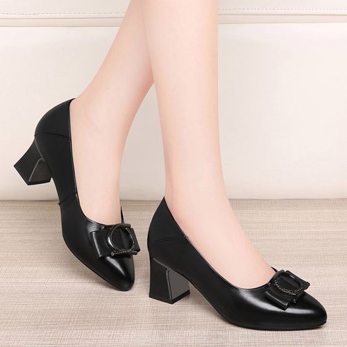 夏天真皮鞋女士粗跟蝴蝶节尖头浅口学生时尚休闲踏脚单鞋女装高跟鞋