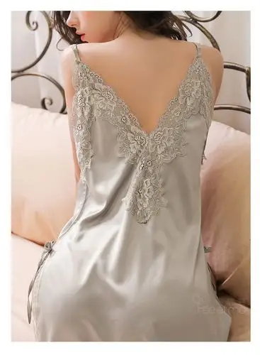 霏慕唯美仿真丝吊带睡衣性感蕾丝情趣内衣激情套装柔软诱惑骚7717