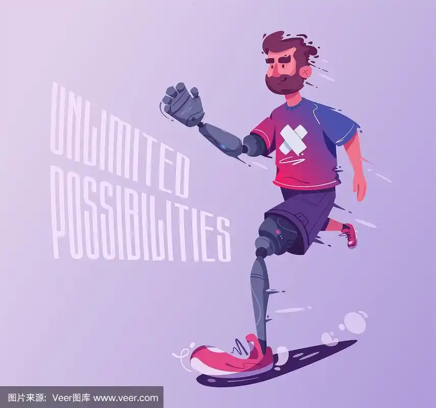 一个戴着假肢的人正在跑步.体育的概念.卡通矢量插图.