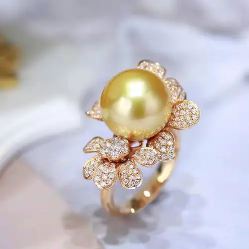 【南洋金珠】12-12.5mm甄选正圆浓金色18k金钻石海水珍珠戒指g010