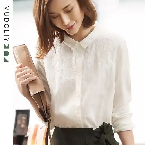 亚麻白衬衫女长袖2018春装棉麻女装衬衣刺绣花百搭上衣