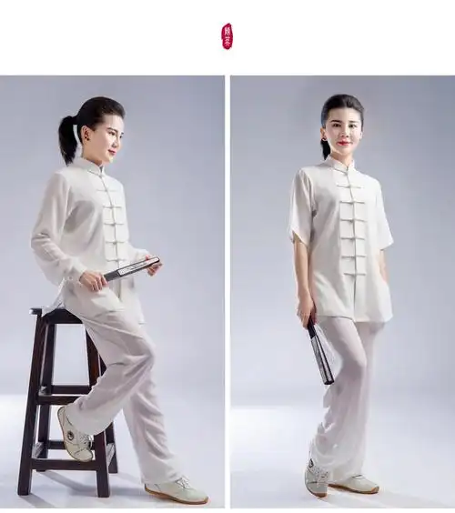 太极服女夏季太服柔软棉麻男女中风武术练功服陈英短袖太拳服装白色