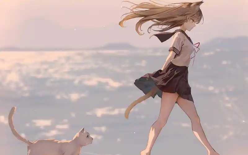 海边赤脚女孩与猫电脑动漫壁纸