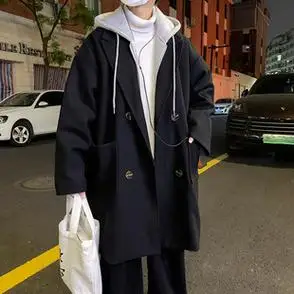 冬季男生潮牌风衣中长款加厚保暖毛呢大衣男款宽松假两件连帽外套