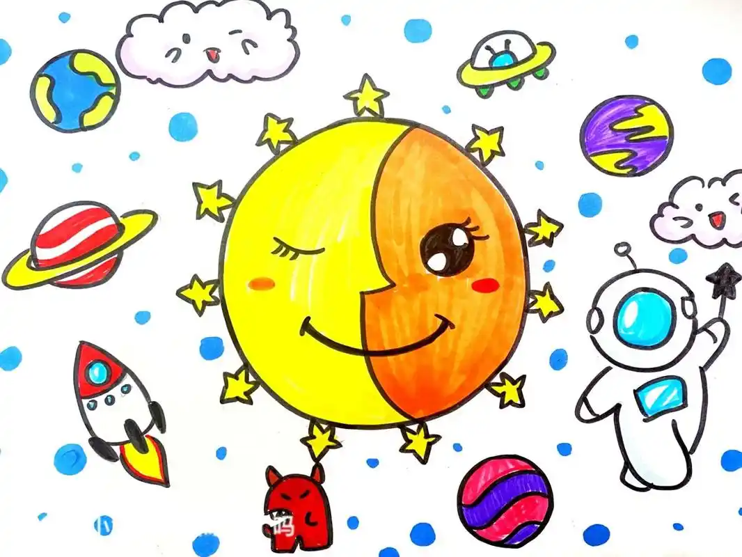 星球儿童画 #卡通画# #马克笔# #儿童画# #创意儿童画# #太空主题画