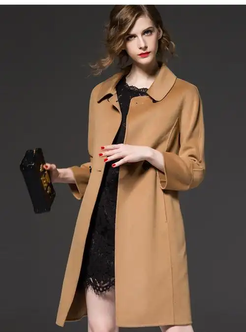 凡恩娃娃领毛呢外套女长款冬季修身韩版纯色双排扣呢大衣简约百搭