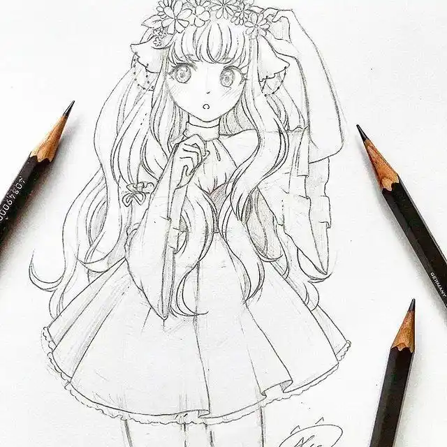 二次元黑白线稿插画女,超可爱的二次元美少女图片