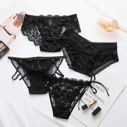 suntek4条装蕾丝内裤女性感黑色透明诱惑镂空低腰三角少女内裤