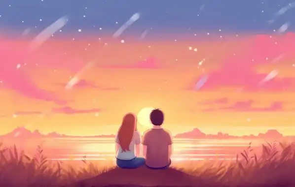 情侣紧挨着坐在一起的背影唯美浪漫情人节爱情双人手绘插画温馨氛围感