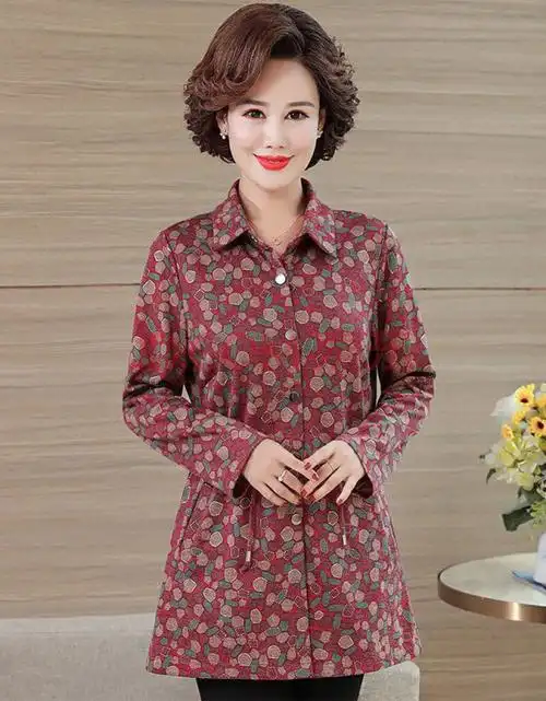 公子雪中老年女装春秋风衣新款衬衫中长款妈妈装外套宽松大码中年上衣