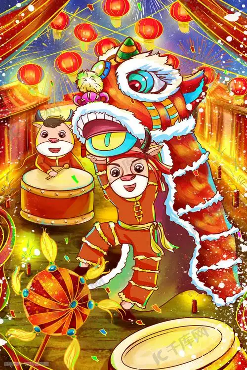 新年春节2021牛年舞狮迎新年