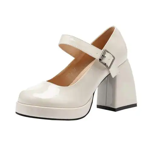 高跟鞋女婚鞋一字带玛丽珍鞋法式米白色气质伴娘鞋防水台粗跟单鞋