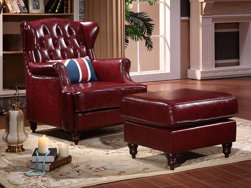 美式拉扣皮艺咖啡厅ktv工作室休闲老虎椅客厅真皮酒红色单人沙发