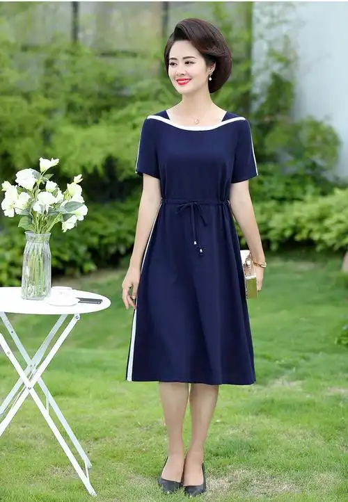 连衣裙中老年人微胖中老年女夏季短袖洋气显瘦妇女裙子中年妈妈夏装