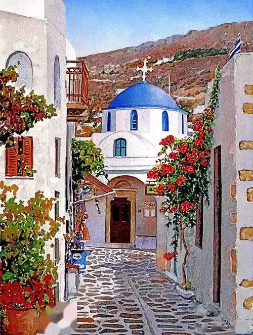 梦幻爱琴海水彩画中的唯美希腊