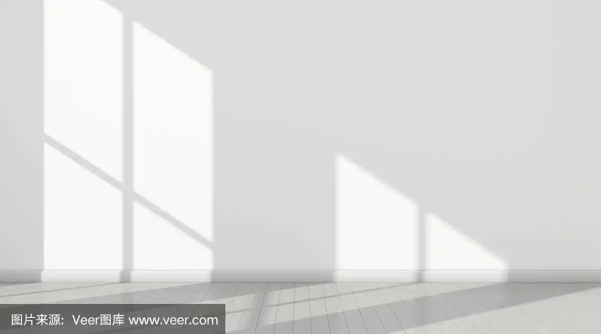 3d刺激的白色房间内部和景宓匕逵胙艄馔渡窗影在墙上,极简设计建筑