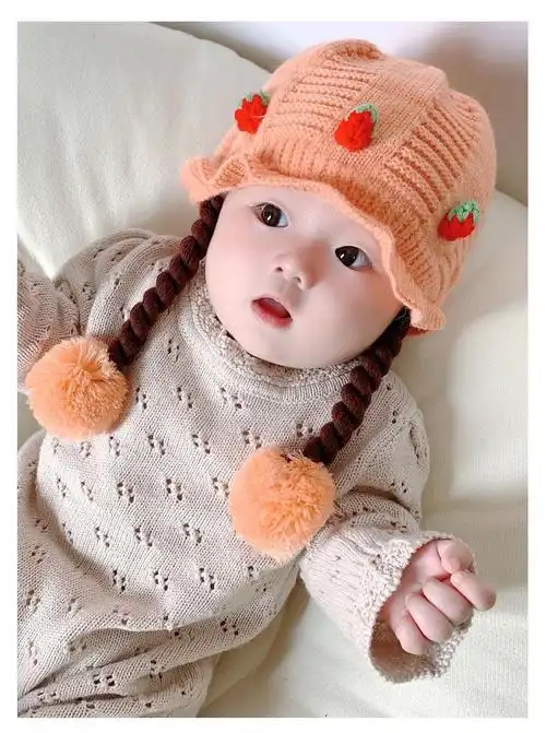 宾届 婴儿帽子秋冬款女宝宝可爱超萌假发辫子冬季护耳毛线帽婴幼儿