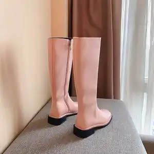 粉色长筒靴女夏季薄款长靴2021新款网红高筒靴侧拉链炸街骑士靴潮