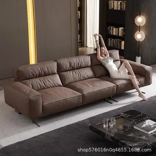 咖啡色头层牛皮三人位客厅大小户型一字高背别墅羽绒家用酒店沙发