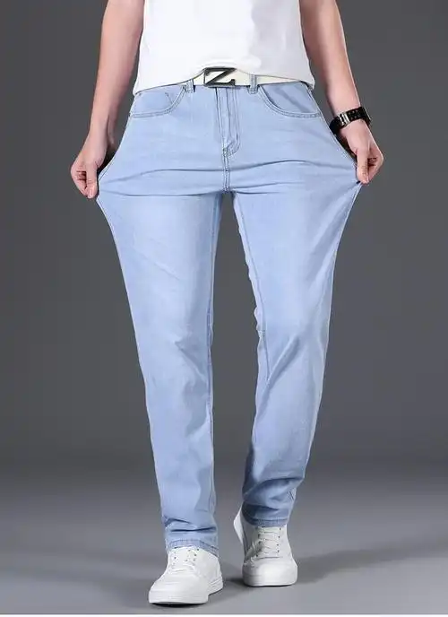 恒坠倾祥夏季浅蓝色牛仔裤男士夏天直筒款宽松弹性高端潮牌休闲长裤溥