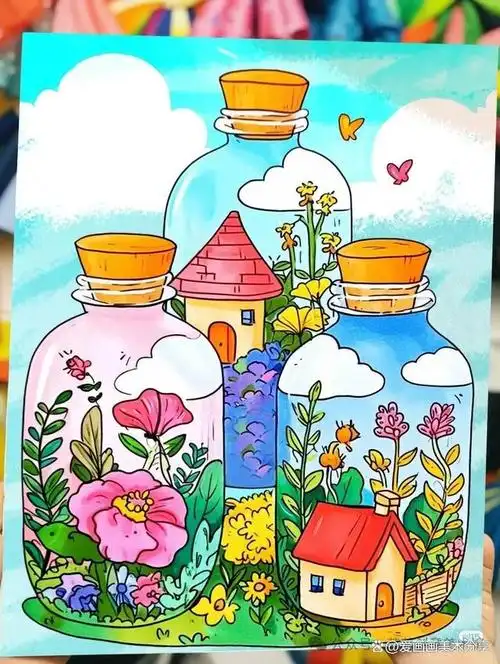 50张~创意美术儿童获奖范画,很值得初学者临摹,色彩都是高级感!