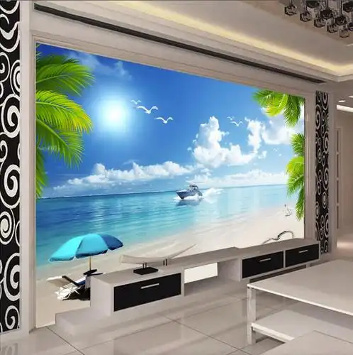3d地中海风格电视背景墙壁纸8d立体风景客厅墙布简约现代海景壁画