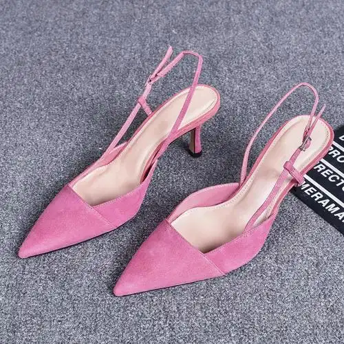 mini2021夏新款尖头浅口粉色高跟鞋细跟仙女风网红后空单鞋包头凉鞋女