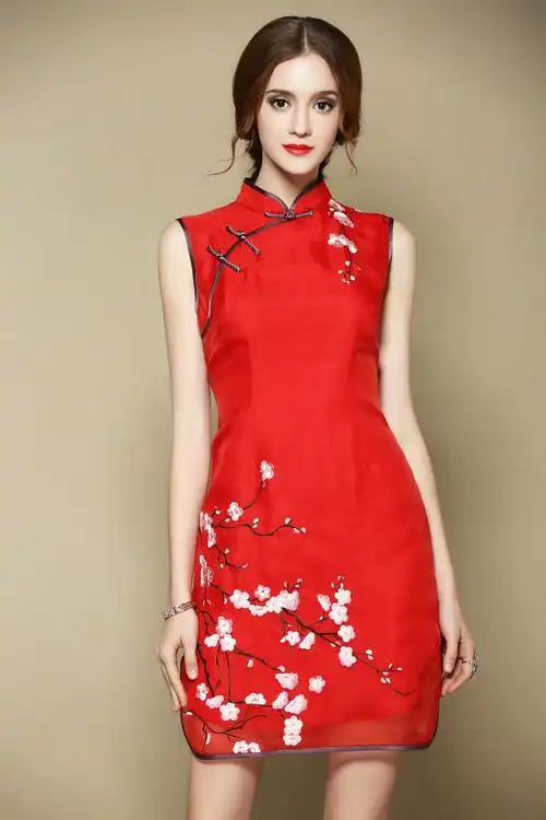 2017春季新款旗袍短款真丝旗袍梅花气质旗袍复古中国风大红旗袍