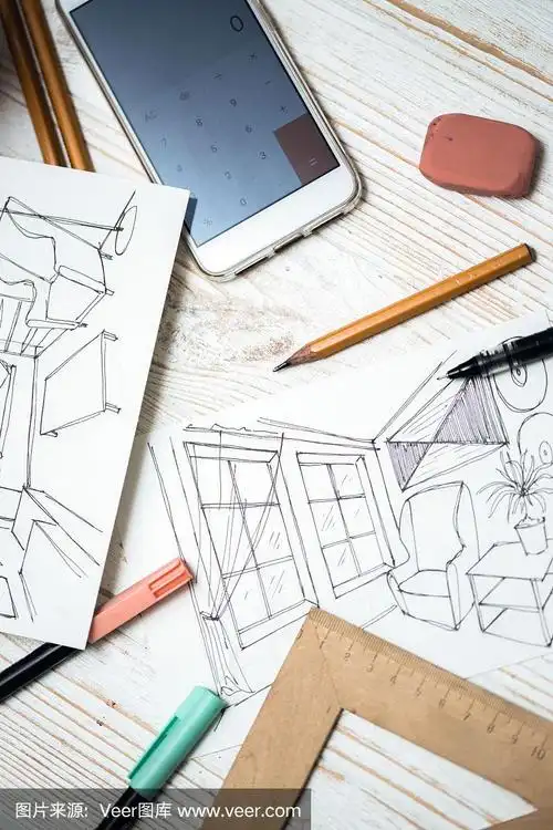 设计师画了一幅室内草图.背景-绘图,马克笔,铅笔,橡皮,尺子,计算器