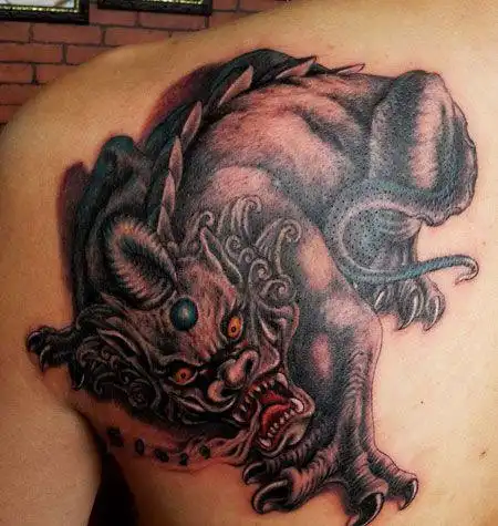 彩色招财背部貔貅背部彩色的招财貔貅纹身图案tag标签:大臂招财貔貅大