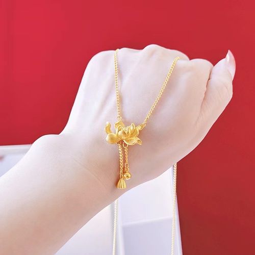 越南沙金荷花项链女款古法莲花吊坠镀999黄金色毛衣链非久不掉色