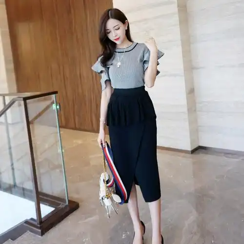 韩版名媛气质连衣裙套装格子上衣 开叉半身包臀一步裙