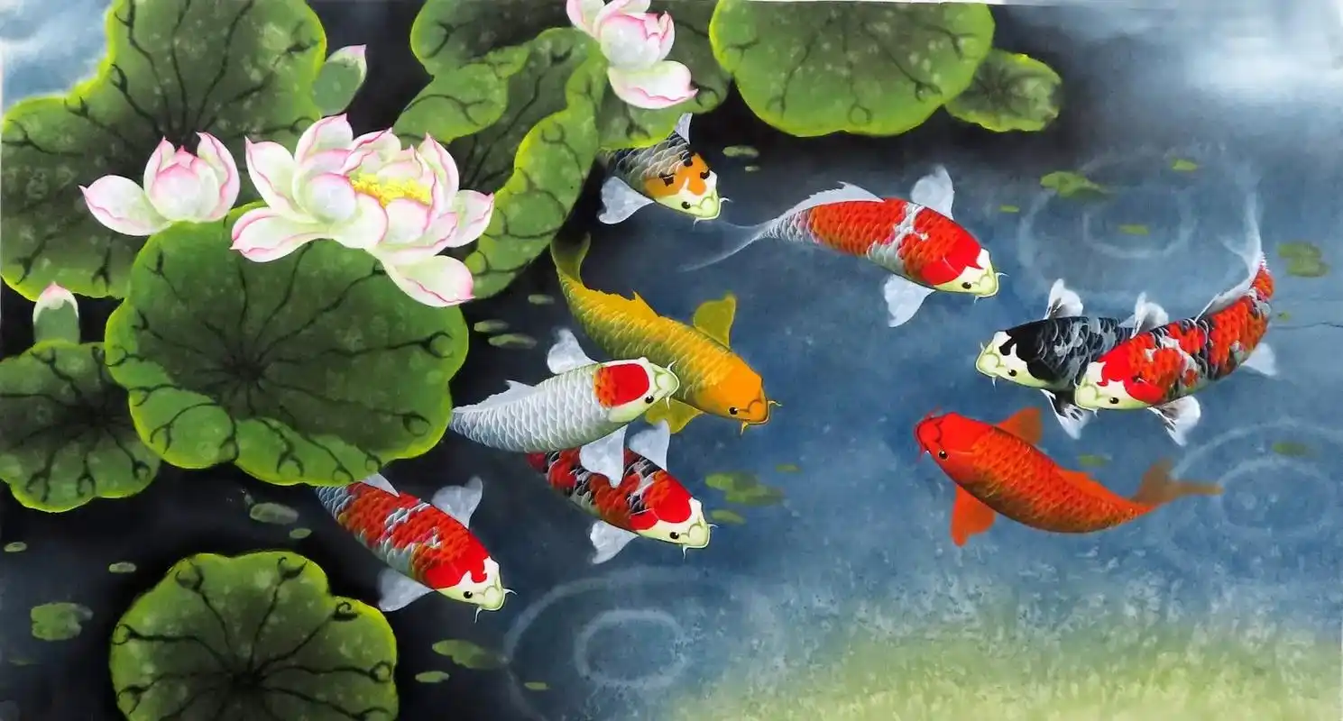 三尺横幅重彩九鱼.#好运锦鲤 #鱼画 #九鱼图 #荷花鱼画  - 抖音