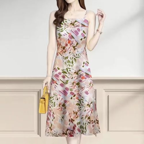 真丝连衣裙中长款小吊带女装夏季新款大码无袖高档桑蚕丝收腰裙子