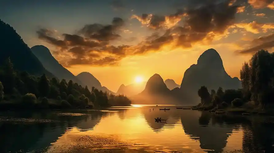 夕阳下的山水晚霞霞光湖面倒影意境自然景色山湖风景旅游宣传梦幻唯美