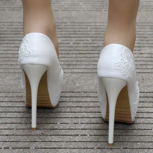 14厘米白色蕾丝网高跟鞋 婚鞋 外贸大码 细跟防水台鞋女 14la