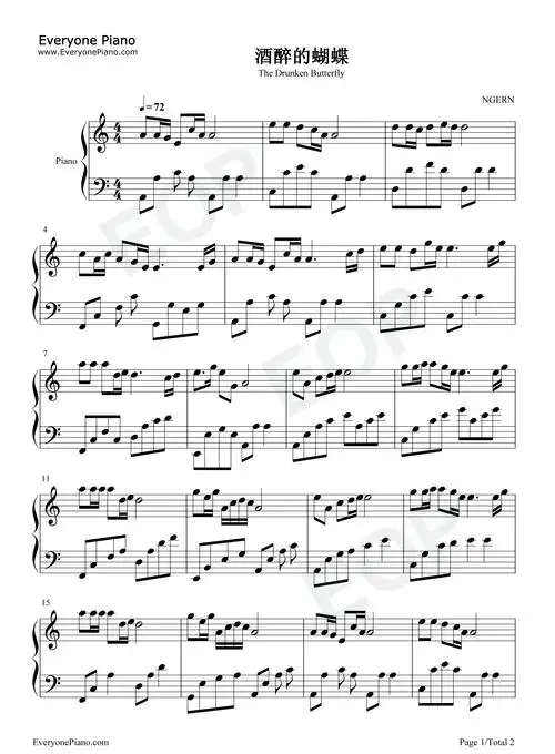 酒醉的蝴蝶c调简单版五线谱预览1