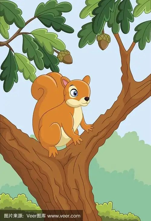 卡通有趣的松鼠在树上