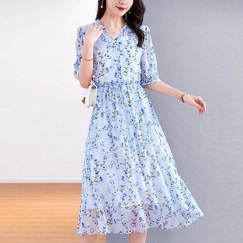 高档裙子女装真丝群遮肉显瘦100%桑蚕丝连衣裙中长款气质夏装碎花