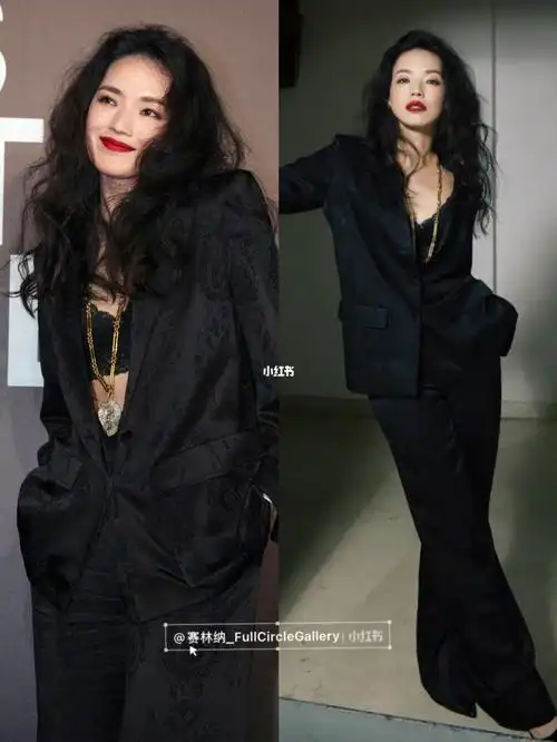 45岁舒淇和那些穿全黑西装的女神们95_西装_穿搭_卷发_少女感_红唇
