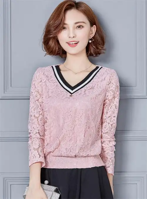 陌橡moshine2016秋装新品蕾丝衫v领长袖修身镂空蕾丝打底衫gd9821s32