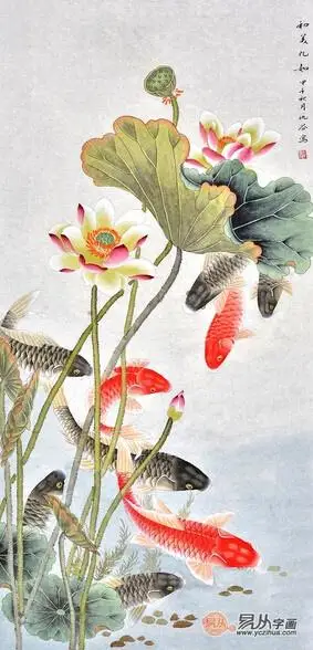 招财九鱼荷花图 完美装饰家居好风水