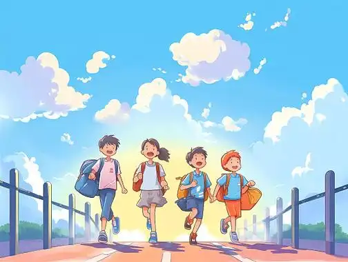 开学季夏天可爱小学生背着书包去上学场景手绘卡通扁平男女同学交流