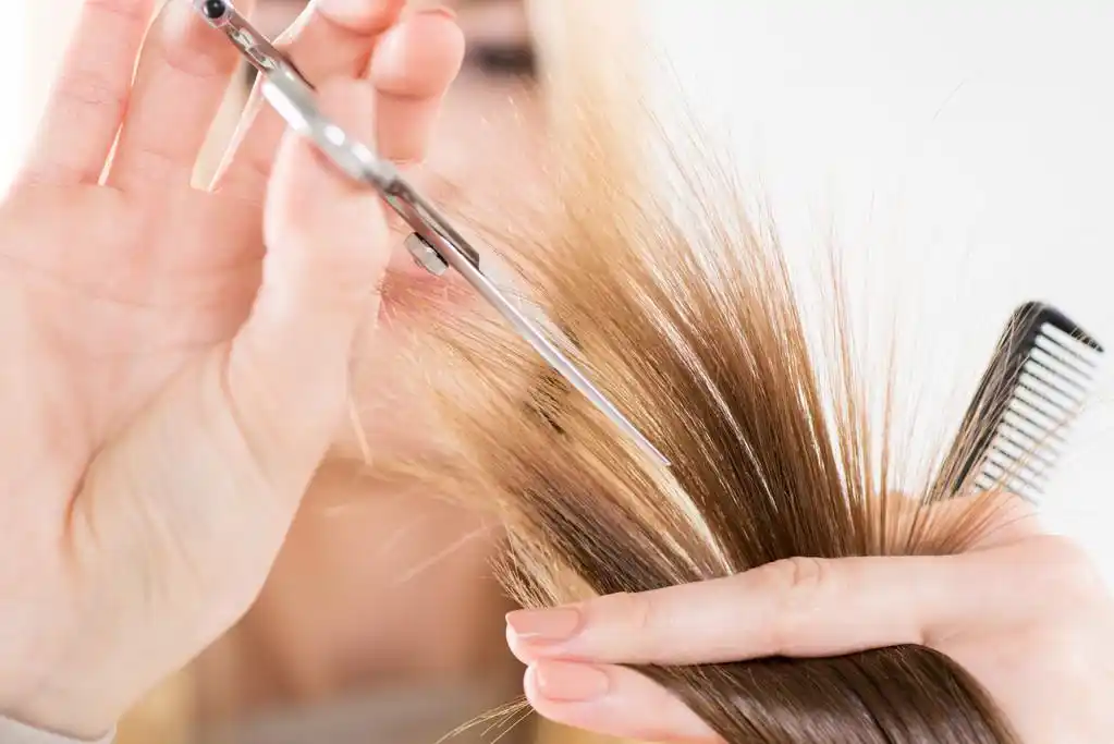 剪发,理发师剪了头发的女人.特写.