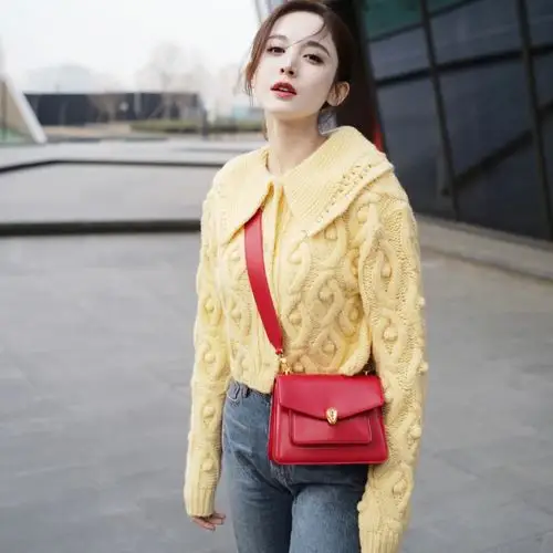 古力娜扎明星同款黄色甜美复古重麻花工纯色可爱翻领毛衣针织外套
