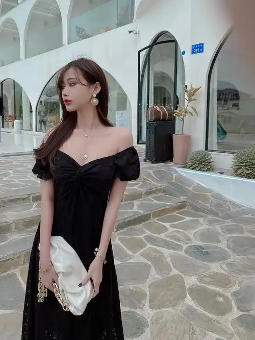 实拍现货控2低胸露肩长款超仙蕾丝裙短袖礼服连衣裙