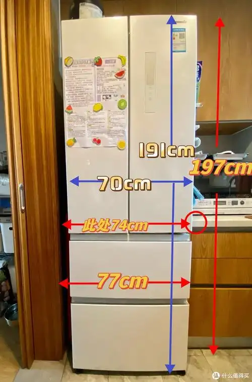 蓝色箭头是冰箱尺寸,红色箭头是预留位置尺寸