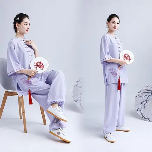 绣花太极服女中短袖春夏季太极拳服女透气武术服练功表演服晨练服