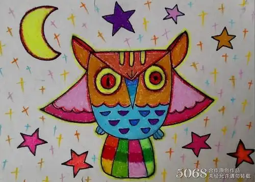 飞翔的猫头鹰动物蜡笔画教师范画