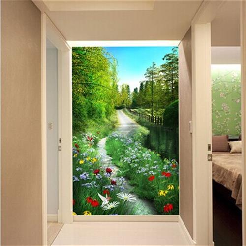 新中式玄关壁纸入户山水风景瀑布竖版墙纸8d进门流水生财过道壁画